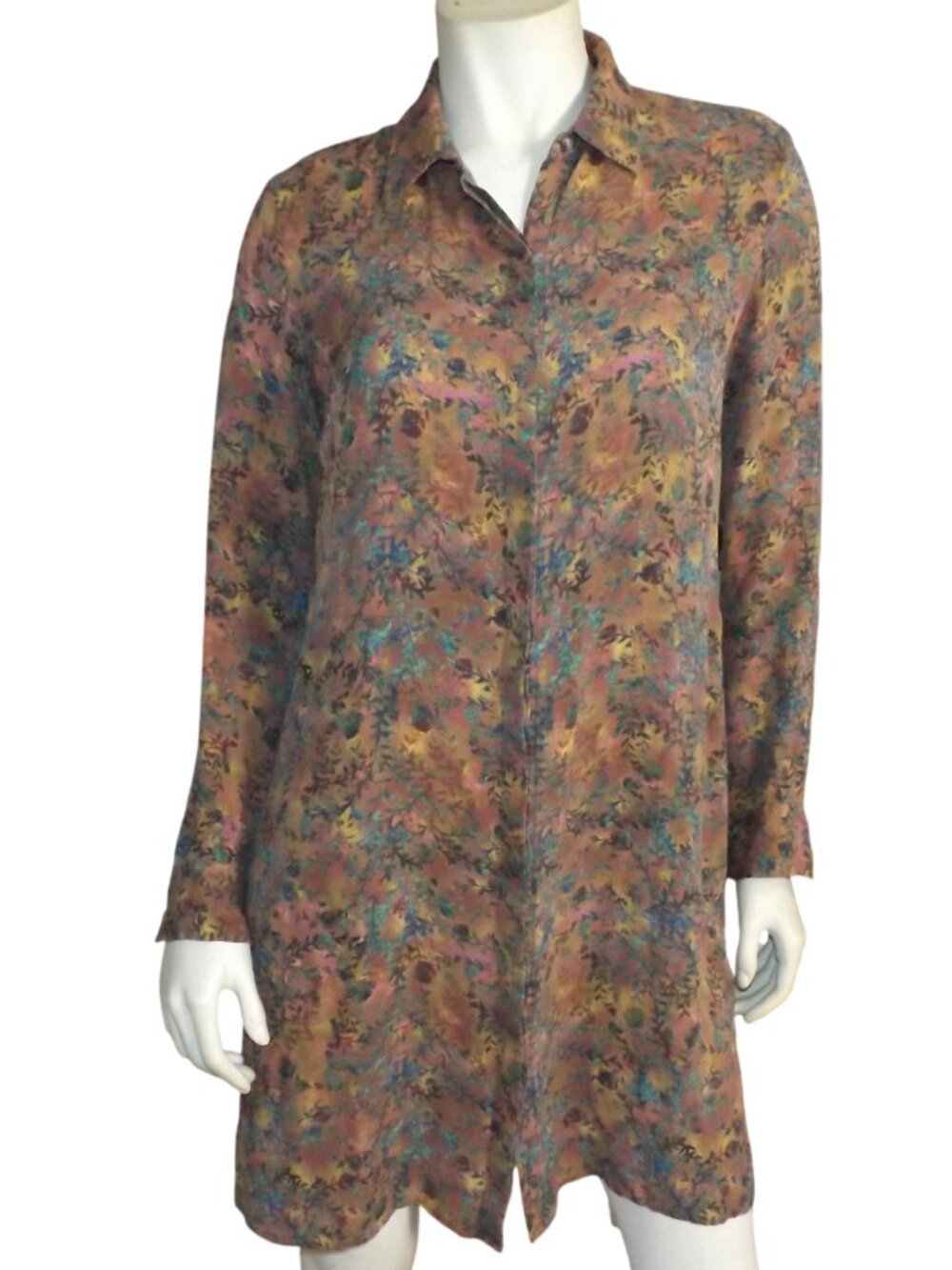 PERUVIAN CONNECTION Shirt Dress, M, Silk, Mini, Long sleeve, Pockets, Multicolor